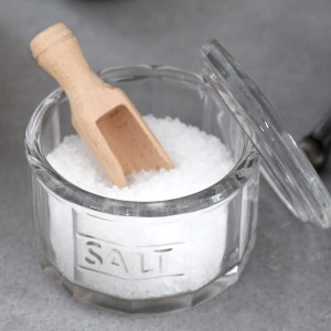 Classic Glass Salt Pot With Wooden Scoop, a drinkware piece for serving and tabletop use