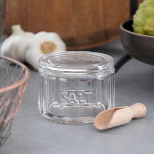 Classic Glass Salt Pot With Wooden Scoop, a drinkware piece designed for serving beverages at the table