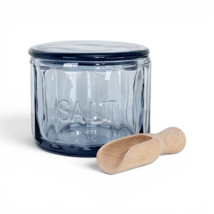Front view of the Heritage Blue Glass Salt Pot with removable lid and wooden scoop on a white background