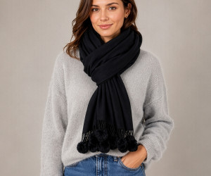 Ascot Cashmere Blend Pom Pom Scarf - Black, a wearable or carry accessory designed for practical personal styling