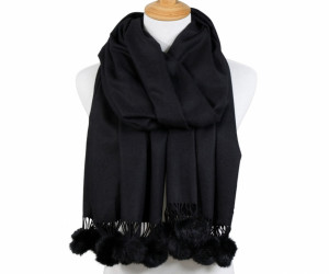 Ascot Cashmere Blend Pom Pom Scarf - Black, a wearable or carry accessory