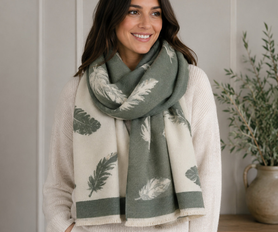 Reversible Olive Falling Feather Scarf, personal accessory