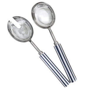 Set of two Portsea salad servers with striped handles on a white background