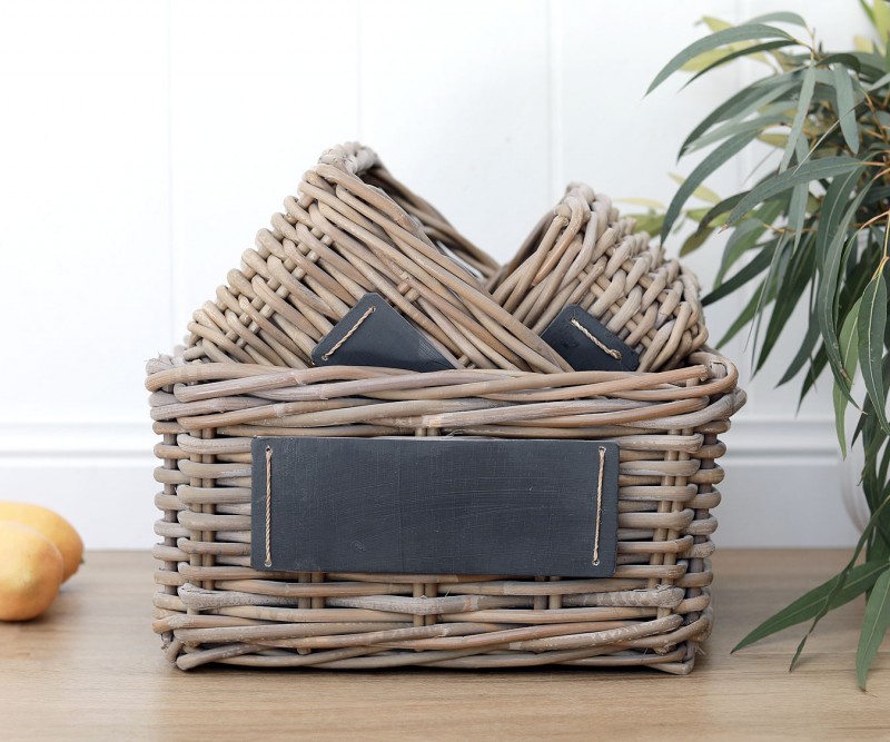 Set 3 Square Cane Baskets with Blackboard Antique Grey Wall hook