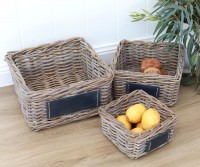 Square Set 3 Cane Baskets with Blackboard Antique Grey