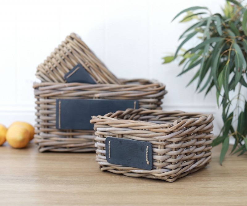 Square Set 3 Cane Baskets with Blackboard Antique Grey