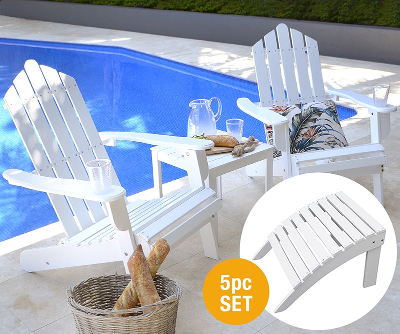 5 Piece Set 2 Adirondack Chairs + 2 Footstools + Table