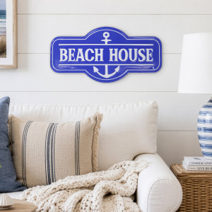 Blue Beach House Wall Sign, a decorative sign intended for a wall, doorway or entrance display