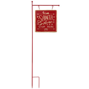 Full view of red metal Santa Stop Here Garden Sign with hanging plaque and twin-pronged stake