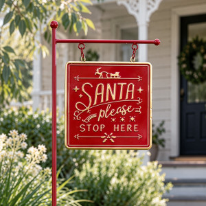 Red and gold Santa Stop Here Garden Sign with embossed lettering, styled beside a cottage entrance