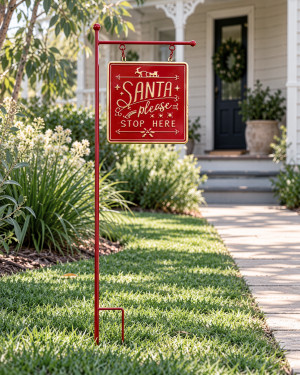 Santa Stop Here Garden Sign positioned on a lawn beside a front path leading to a white weatherboard home