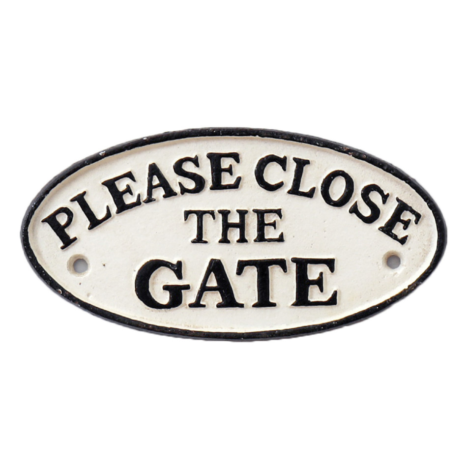 Please Close The Gate Cast Iron Sign - White, a decorative sign intended for a wall, doorway or entrance display