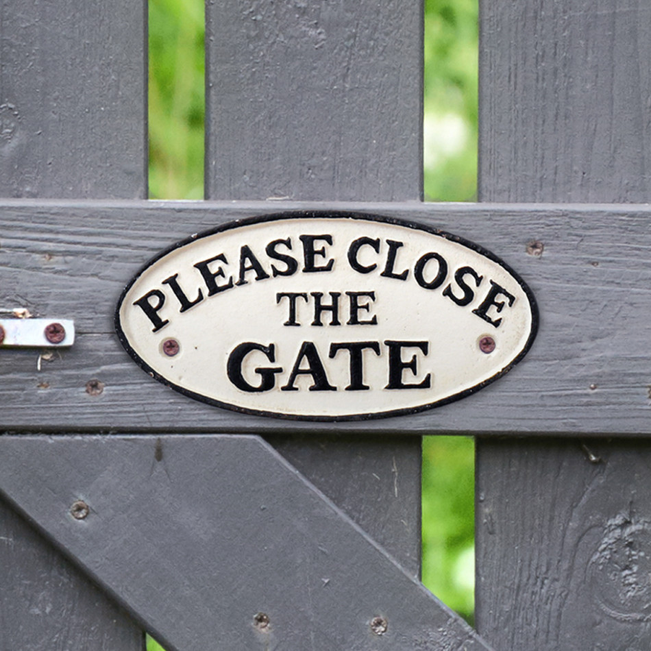 Please Close The Gate Cast Iron Sign - White, a decorative sign for a wall, doorway or entrance