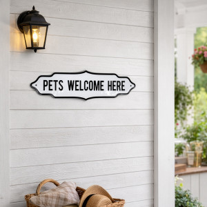 'Pets Welcome Here' Vintage Wall Sign, a decorative sign intended for a wall, doorway or entrance display