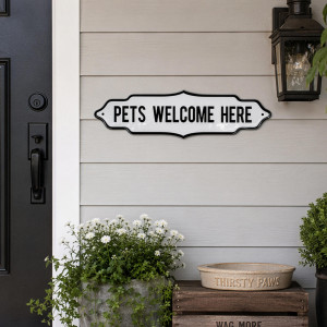 'Pets Welcome Here' Vintage Wall Sign, designed to add a clear message or identifying detail to a space
