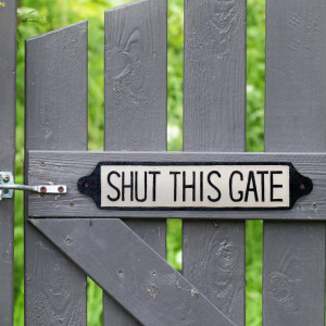 Shut This Gate - Long Cast Iron Sign, a decorative sign intended for a wall, doorway or entrance display