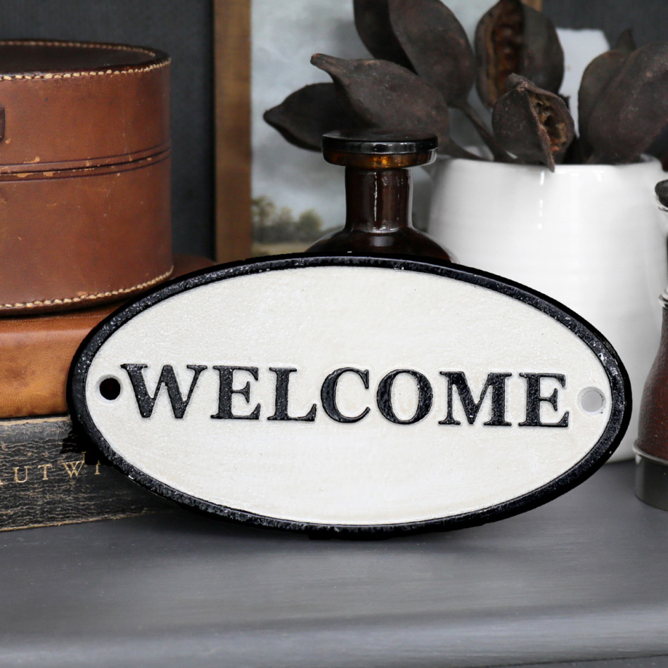 Welcome Cast Iron Sign - White