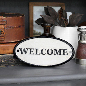 Welcome Cast Iron Sign - White, a decorative sign intended for a wall, doorway or entrance display