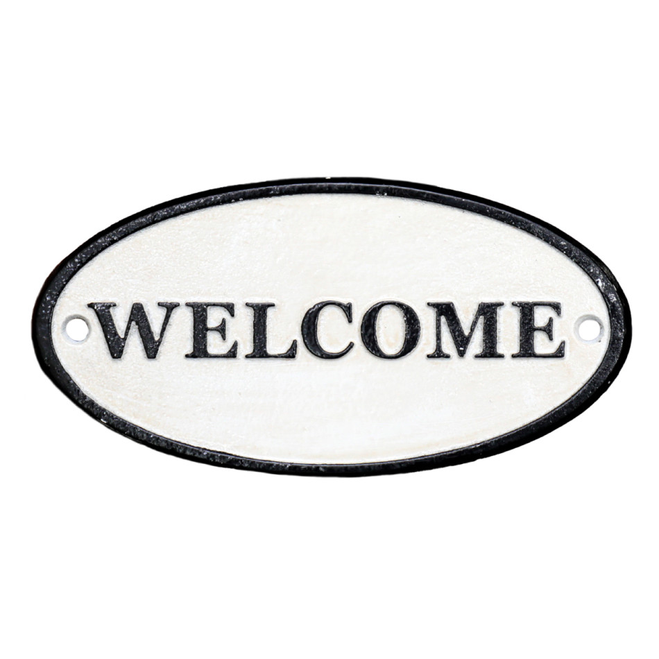 Welcome Cast Iron Sign - White, a decorative sign for a wall, doorway or entrance
