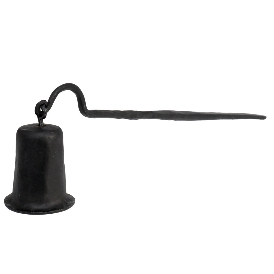 Black iron candle snuffer with a cup-shaped bell and long curved handle on a white background