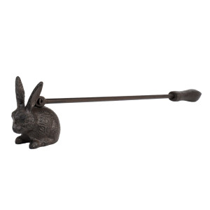 Dark cast iron rabbit candle snuffer with long handle on a white background.