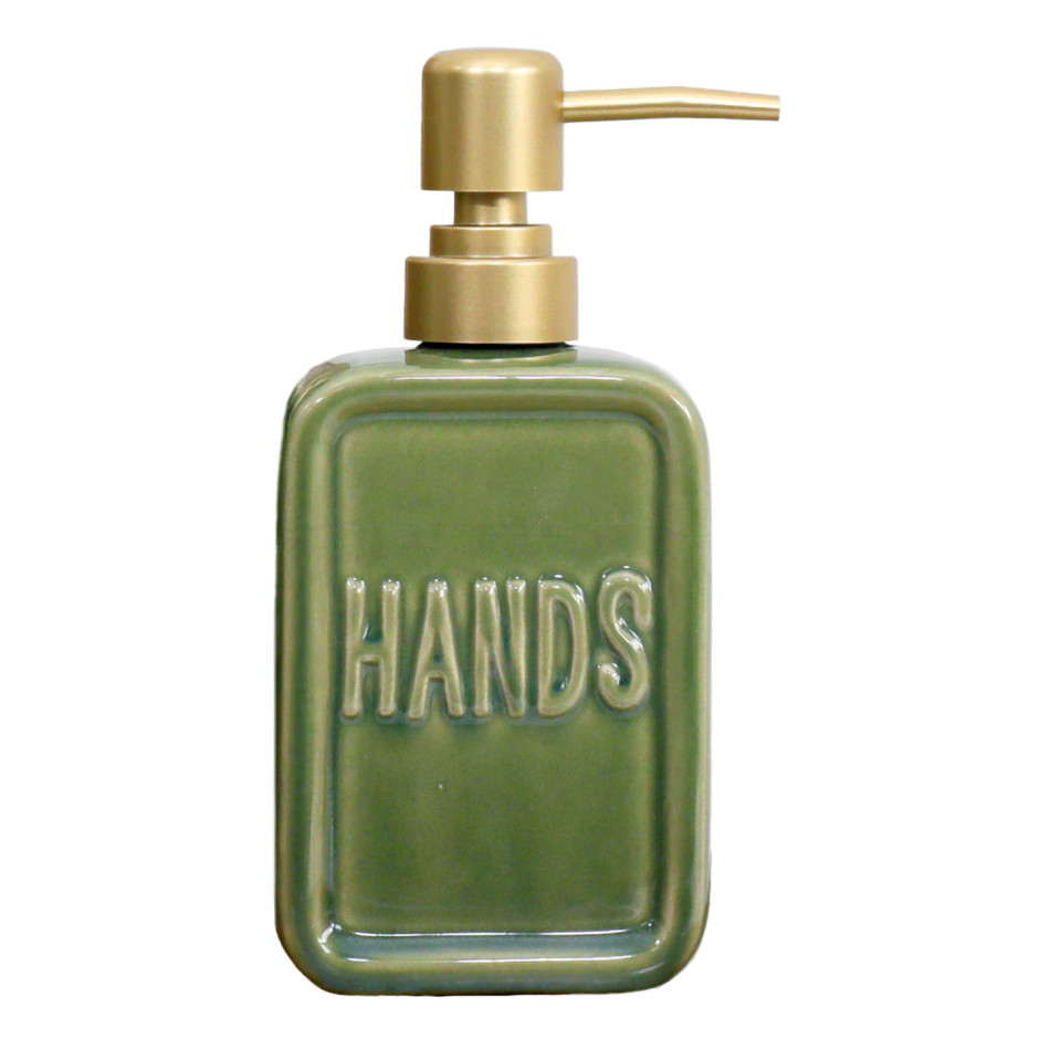 Close up of green ceramic 'Hands' soap dispenser on a white background