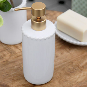 Louisa Beaded White Soap Pump, highlighting the product's distinctive form and defining design