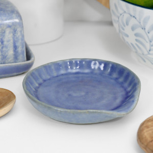 Overhead view of Riviera Blue Ceramic Spoon Rest with softly mottled reactive glaze