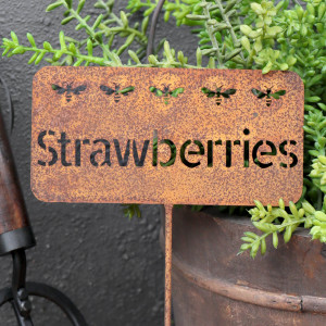 Rusty Strawberry Garden Stake, highlighting the product's distinctive form and defining design