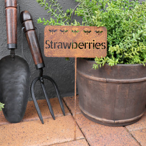 Rusty Strawberry Garden Stake, presented as a standalone item for straightforward product identification