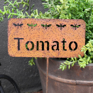 Rusty Tomato Garden Stake, shown as a standalone product for clear identification