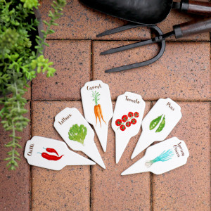 Set 6 Ceramic Vegetable Garden Stakes, highlighting the product's distinctive form and defining design