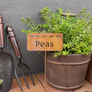 Rusty Peas Garden Stake, shown as a standalone product for clear identification