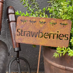 Rusty Strawberry Garden Stake, shown as a standalone product for clear identification