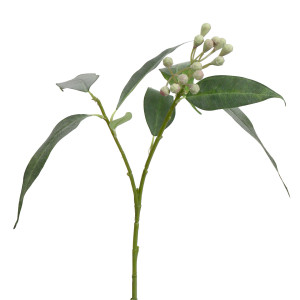 Close-up of a single artificial eucalyptus stem with green leaves and pale pink-tipped seed clusters