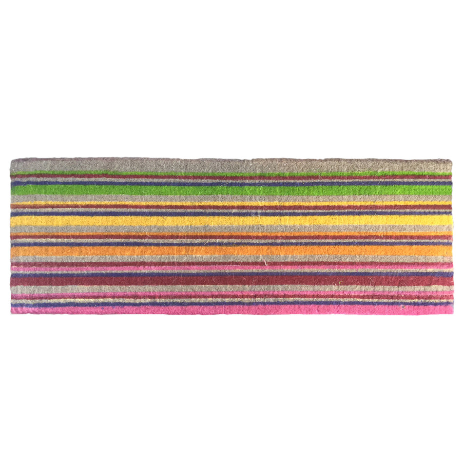 Long natural coir doormat printed with bright horizontal multicoloured stripes