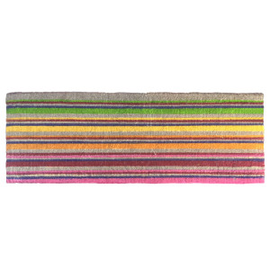 Long natural coir doormat printed with bright horizontal multicoloured stripes
