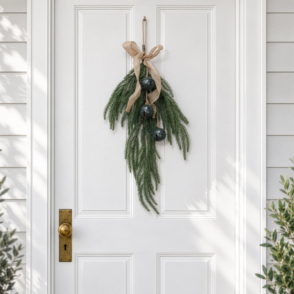 Glad Tidings Green Bell Christmas Swag hanging on a white panelled door with brass door hardware.