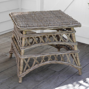 Freestanding Olympia rattan side table showing its square woven top and open lattice frame