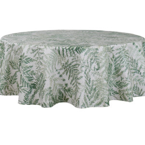 Verdilla botanical tablecloth draped over a round dining table