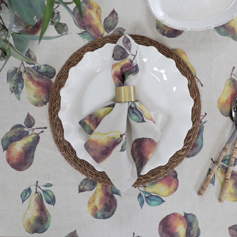 Clermont Pear Harvest Linen Tablecloth, a practical fabric accent for dressing and protecting a household surface