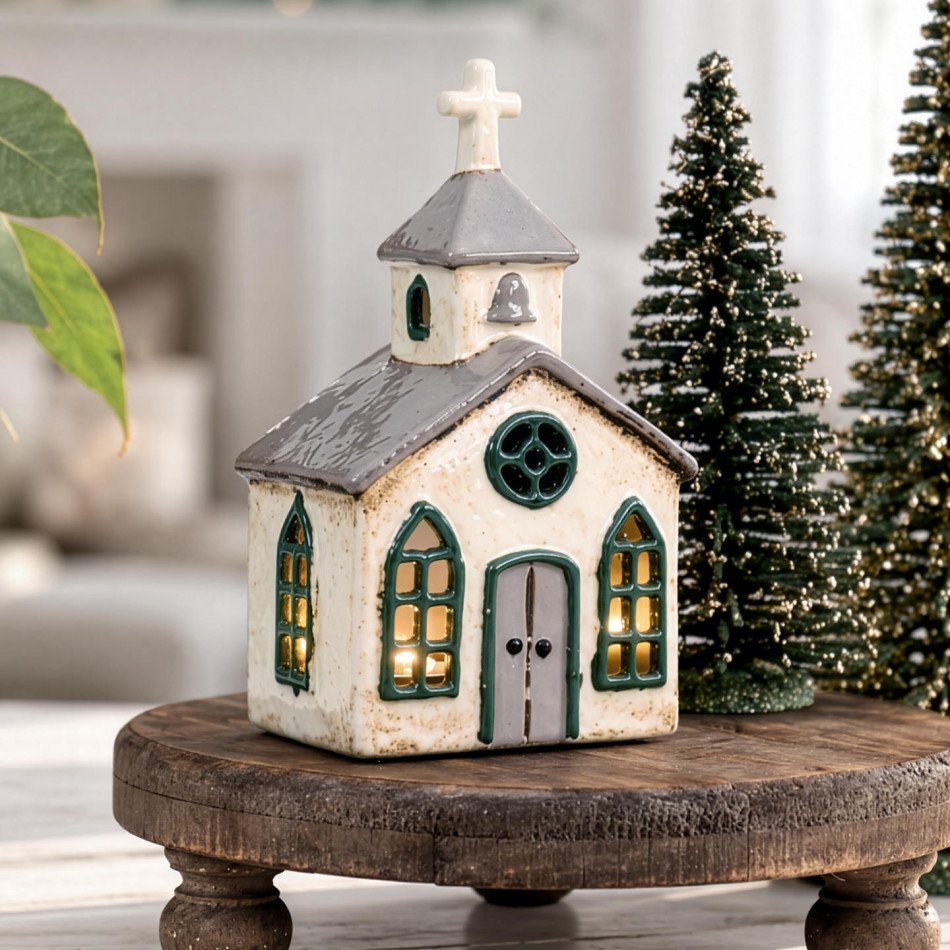 Cream ceramic chapel tealight holder with illuminated arched windows and grey double-door detail