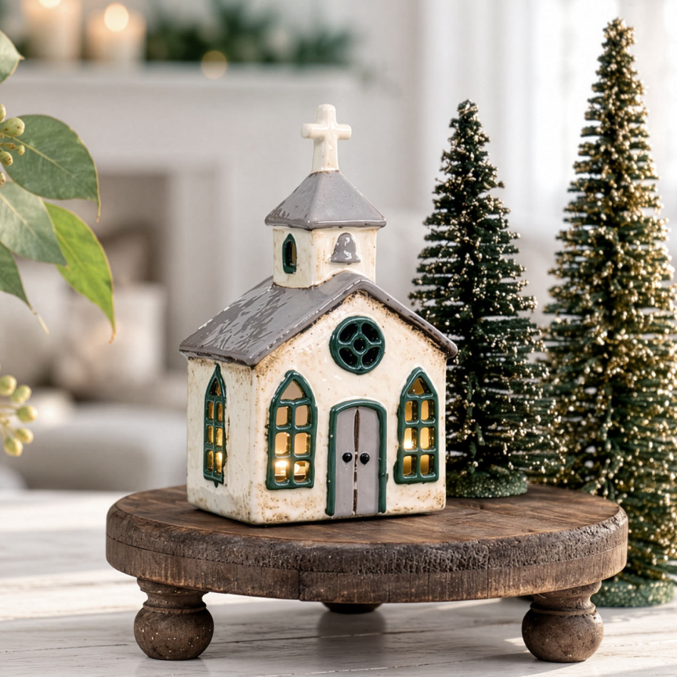 Glowing ceramic Christmas chapel on a round wooden stand beside two decorative green Christmas trees