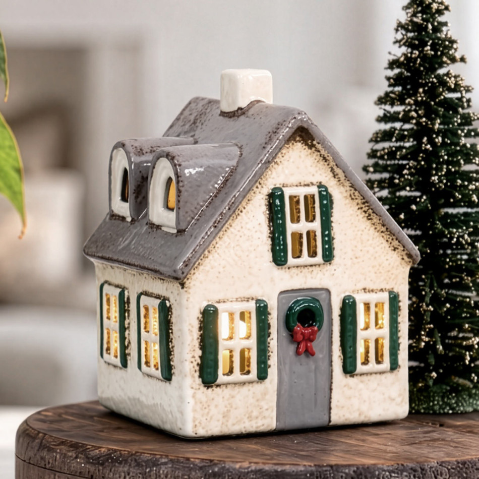 Close-up of ceramic Christmas house tealight holder with grey roof, green shutters and a wreath on the door