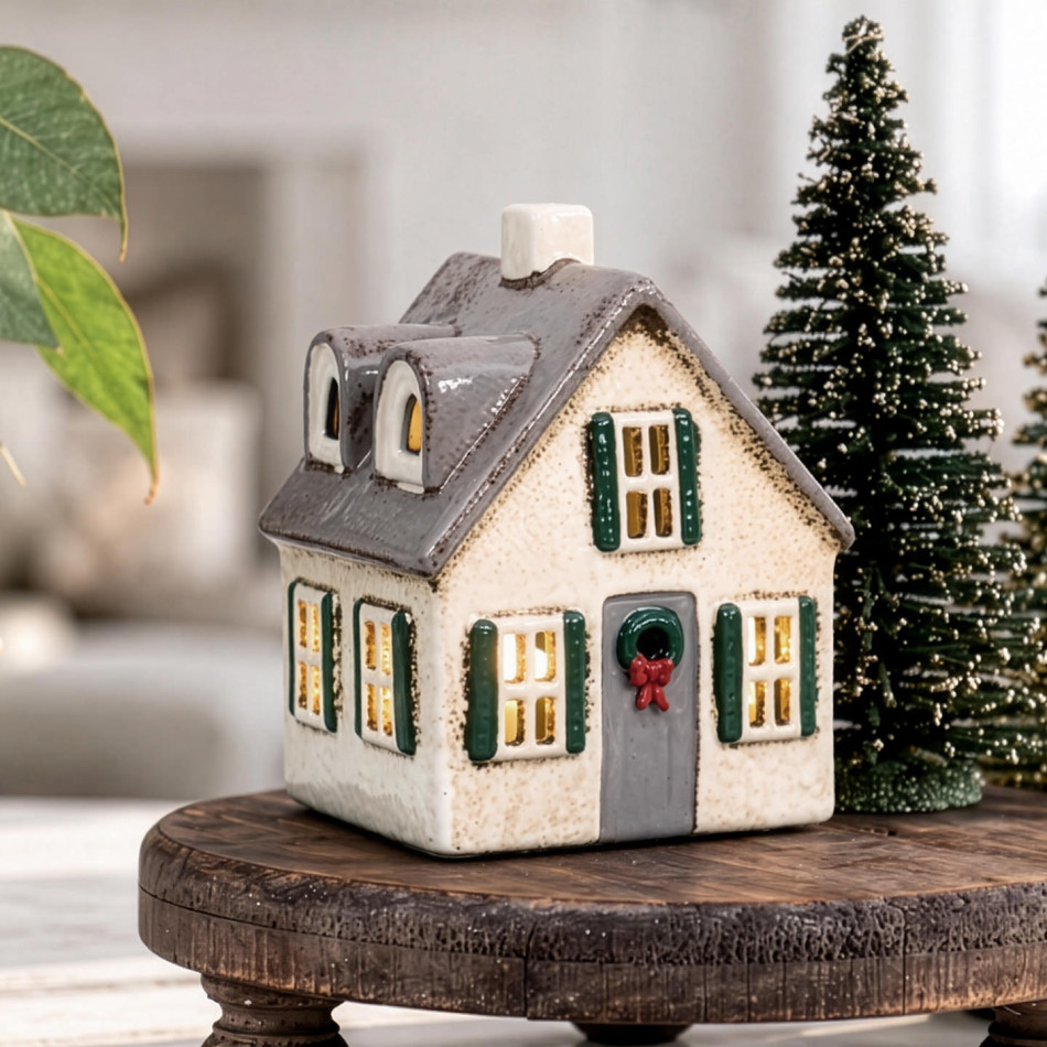 Cream ceramic Christmas house with glowing windows and a grey roof beside a green Christmas tree