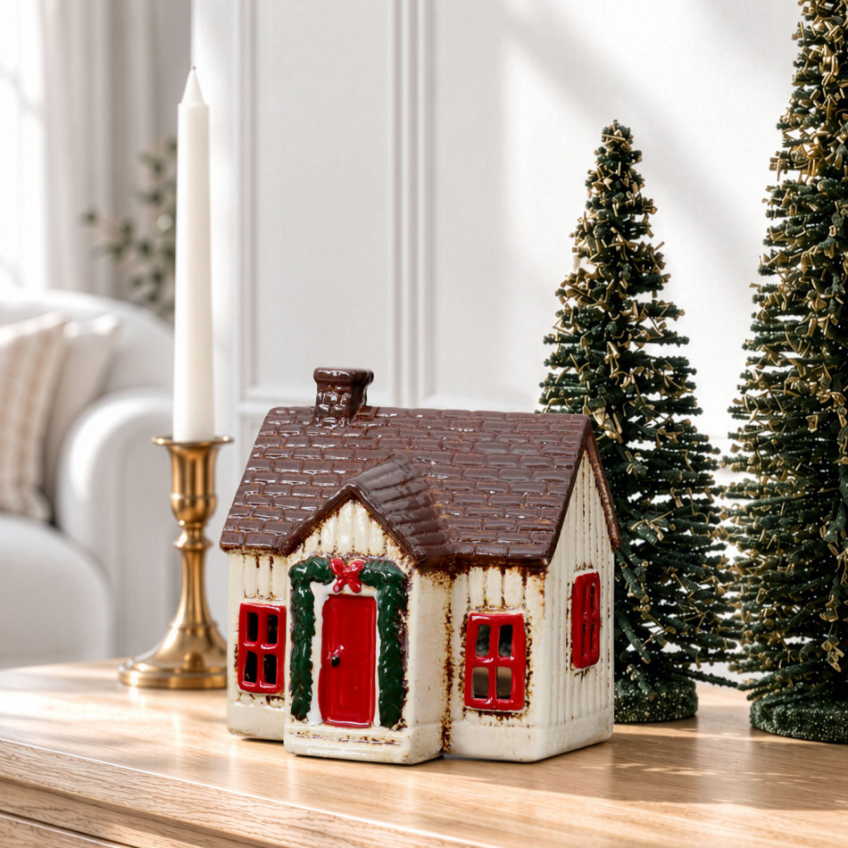 Ceramic Christmas cottage on a wooden console beside two green decorative trees and a gold candle holder