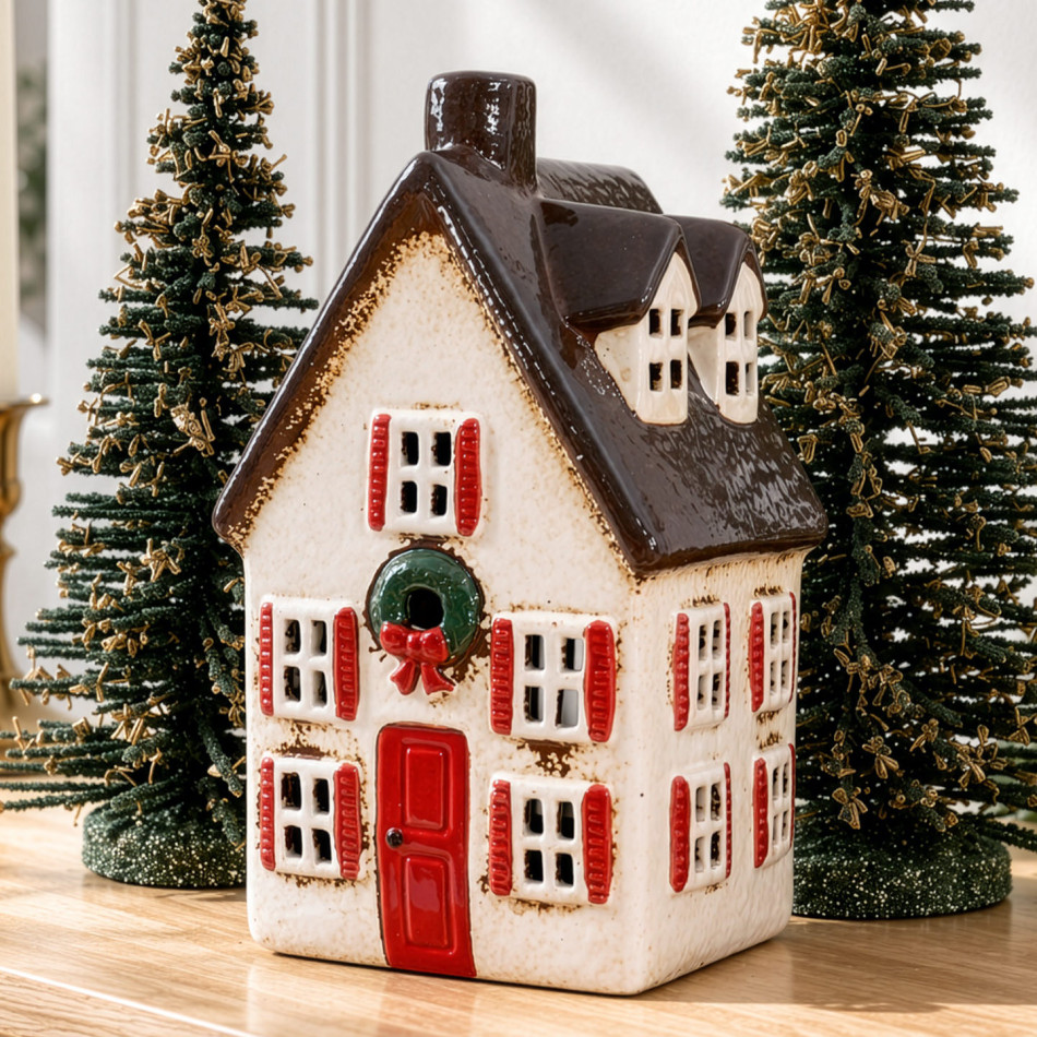 Close-up of tall ceramic Christmas house with red shutters, a green wreath and brown roof with dormer windows