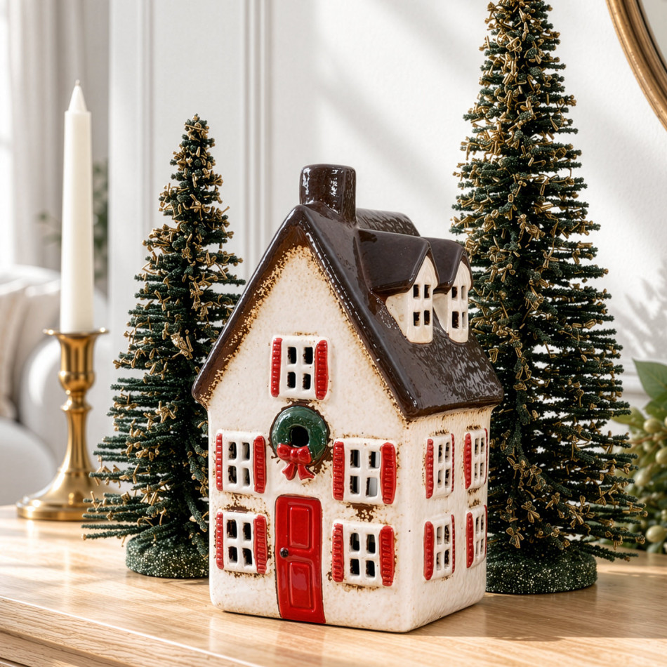 Cream Christmas house tealight holder with red door and shutters, displayed between green decorative trees