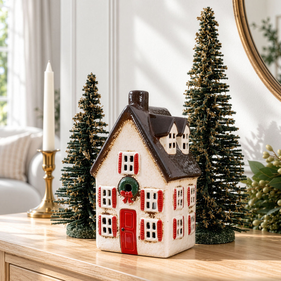 Tall ceramic Christmas villa on a wooden console with green decorative trees, a gold candle holder and round mirror