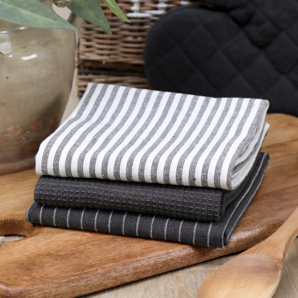Set 3 Charcoal Villa Stripe Tea Towels